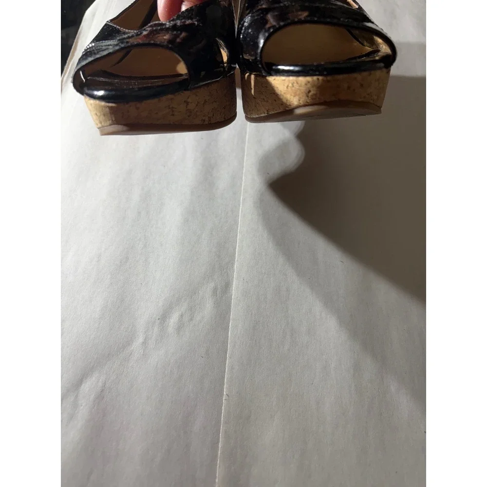 Michelle D Womens Black 7.5 Patent Leather Peep Toe Cork Wedge Slingback Sandals